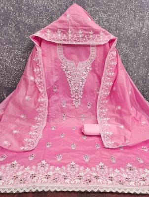 pink chanderi embroidered unstitched dress materials 3 pair top bottom dupatta 3