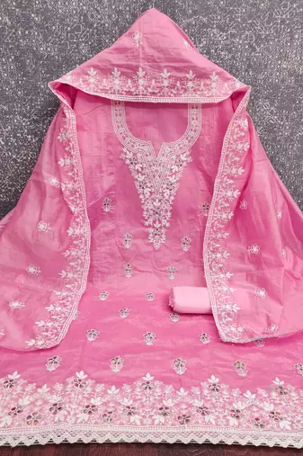 pink chanderi embroidered unstitched dress materials 3 pair top bottom dupatta