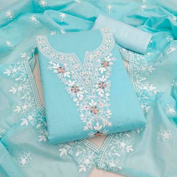 teal chanderi embroidered unstitched dress materials 3 pair top bottom dupatta 1