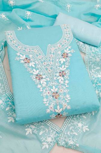 teal chanderi embroidered unstitched dress materials 3 pair top bottom dupatta