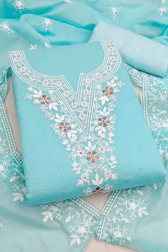 teal chanderi embroidered unstitched dress materials 3 pair top bottom dupatta