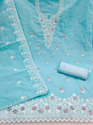 teal chanderi embroidered unstitched dress materials 3 pair top bottom dupatta 2