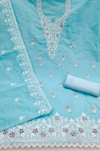 teal chanderi embroidered unstitched dress materials 3 pair top bottom dupatta