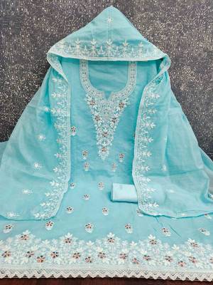 teal chanderi embroidered unstitched dress materials 3 pair top bottom dupatta 3