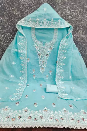 teal chanderi embroidered unstitched dress materials 3 pair top bottom dupatta