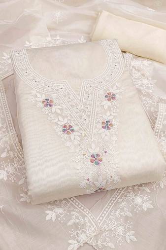 white chanderi embroidered unstitched dress materials 3 pair top bottom dupatta