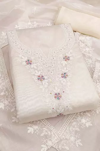 white chanderi embroidered unstitched dress materials 3 pair top bottom dupatta