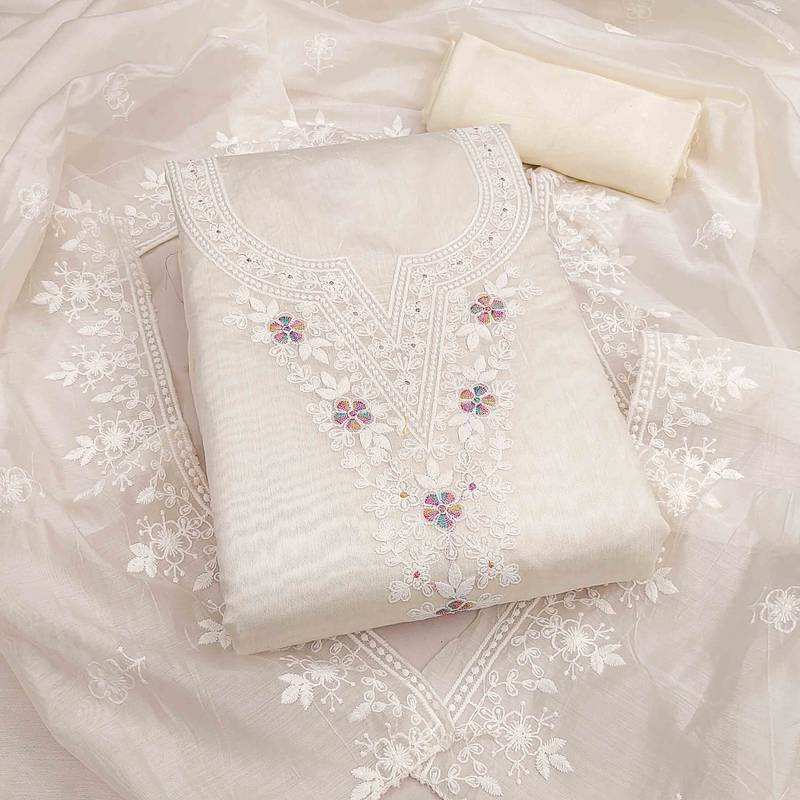 white chanderi embroidered unstitched dress materials 3 pair top bottom dupatta