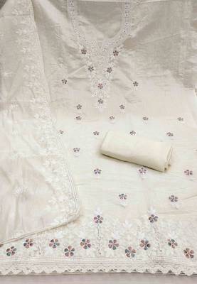 white chanderi embroidered unstitched dress materials 3 pair top bottom dupatta 2