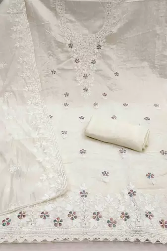 white chanderi embroidered unstitched dress materials 3 pair top bottom dupatta