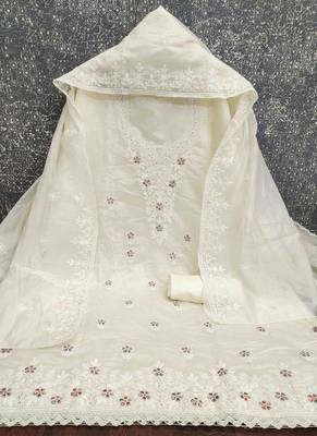 white chanderi embroidered unstitched dress materials 3 pair top bottom dupatta 3