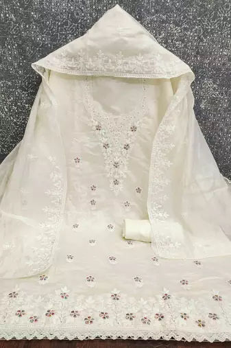 white chanderi embroidered unstitched dress materials 3 pair top bottom dupatta