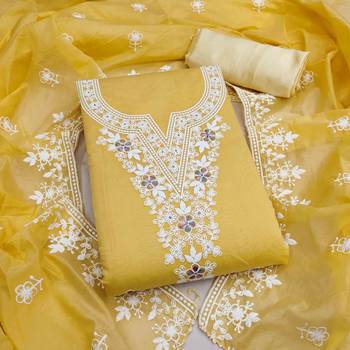 yellow chanderi embroidered unstitched dress materials 3 pair top bottom dupatta 1