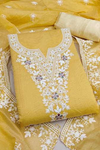yellow chanderi embroidered unstitched dress materials 3 pair top bottom dupatta