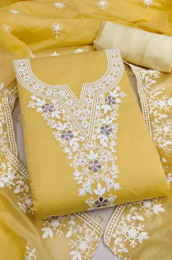 yellow chanderi embroidered unstitched dress materials 3 pair top bottom dupatta