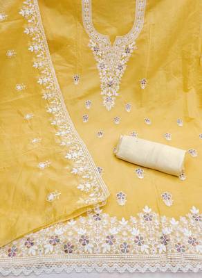 yellow chanderi embroidered unstitched dress materials 3 pair top bottom dupatta 2