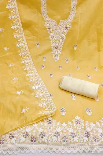 yellow chanderi embroidered unstitched dress materials 3 pair top bottom dupatta