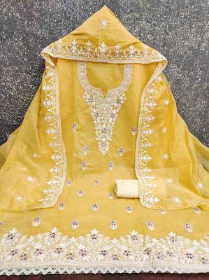 yellow chanderi embroidered unstitched dress materials 3 pair top bottom dupatta 3