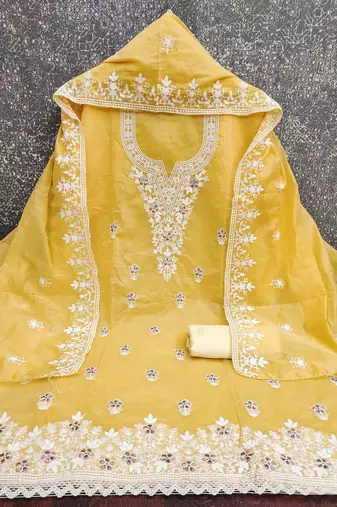 yellow chanderi embroidered unstitched dress materials 3 pair top bottom dupatta