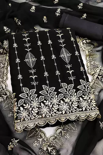 black georgette embroidered unstitched dressmaterials 3 pair top bottom dupptaa