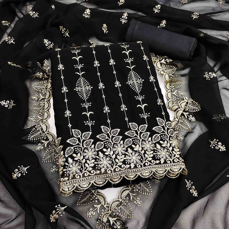 black georgette embroidered unstitched dressmaterials 3 pair top bottom dupptaa