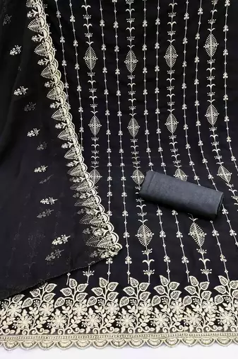 black georgette embroidered unstitched dressmaterials 3 pair top bottom dupptaa