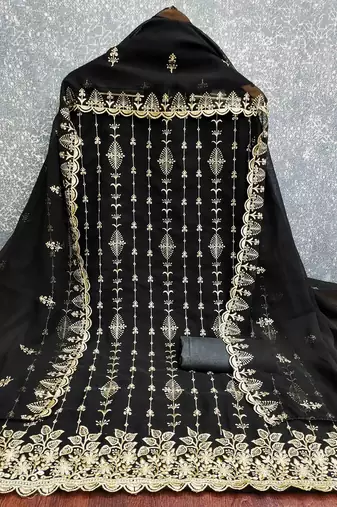black georgette embroidered unstitched dressmaterials 3 pair top bottom dupptaa