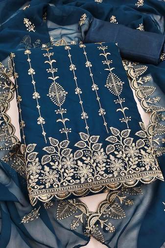 blue georgette embroidered unstitched dressmaterials 3 pair top bottom dupptaa