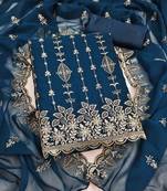 blue georgette embroidered unstitched dressmaterials 3 pair top bottom dupptaa