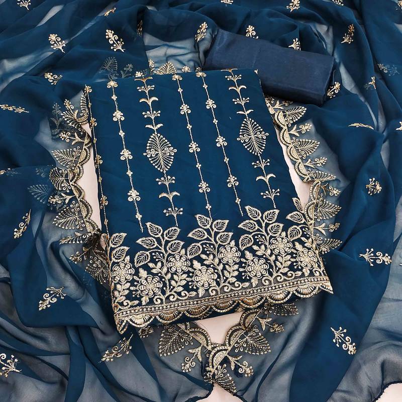 blue georgette embroidered unstitched dressmaterials 3 pair top bottom dupptaa
