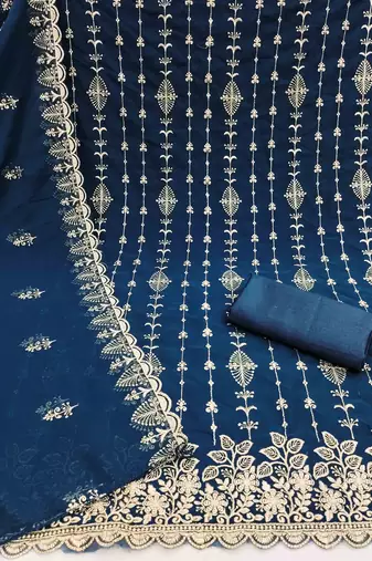 blue georgette embroidered unstitched dressmaterials 3 pair top bottom dupptaa