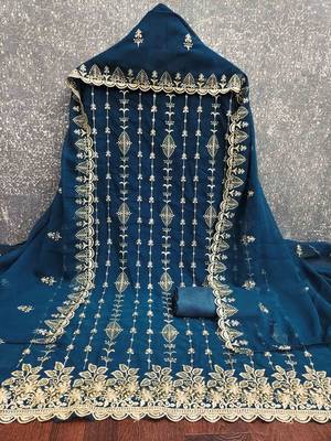 blue georgette embroidered unstitched dressmaterials 3 pair top bottom dupptaa 3