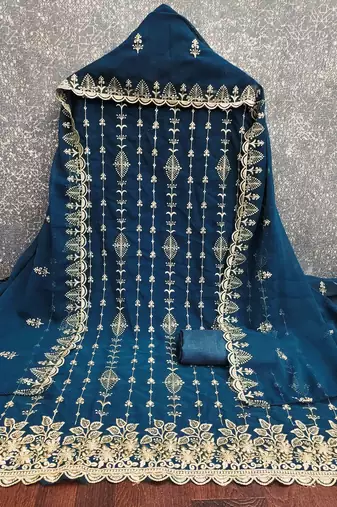 blue georgette embroidered unstitched dressmaterials 3 pair top bottom dupptaa