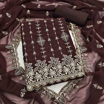 brown georgette embroidered unstitched dressmaterials 3 pair top bottom dupptaa 1