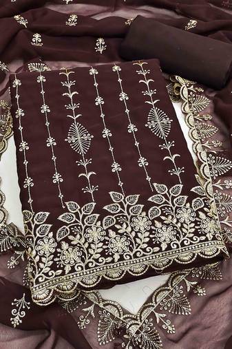 brown georgette embroidered unstitched dressmaterials 3 pair top bottom dupptaa