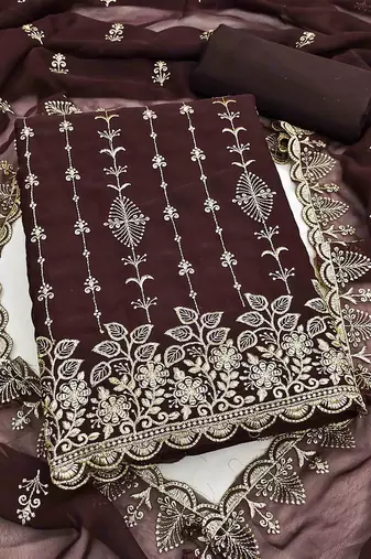 brown georgette embroidered unstitched dressmaterials 3 pair top bottom dupptaa