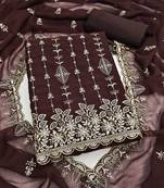 brown georgette embroidered unstitched dressmaterials 3 pair top bottom dupptaa