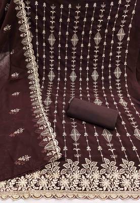 brown georgette embroidered unstitched dressmaterials 3 pair top bottom dupptaa 2