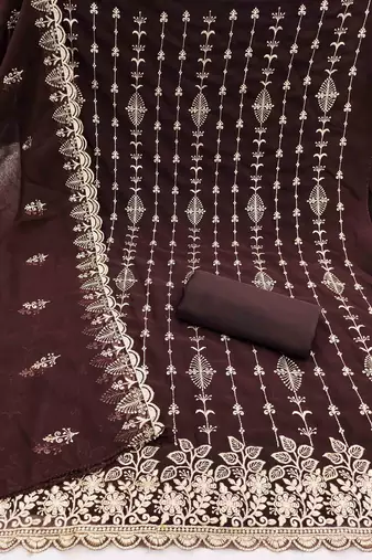 brown georgette embroidered unstitched dressmaterials 3 pair top bottom dupptaa