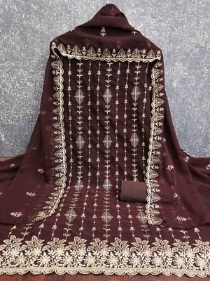 brown georgette embroidered unstitched dressmaterials 3 pair top bottom dupptaa 3