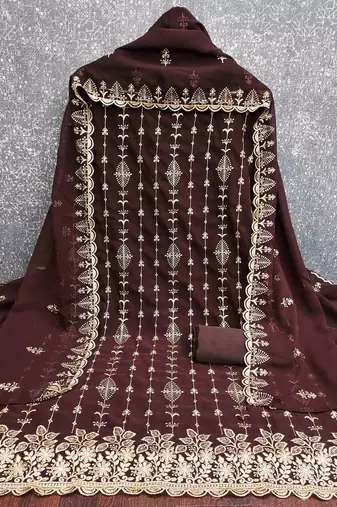 brown georgette embroidered unstitched dressmaterials 3 pair top bottom dupptaa