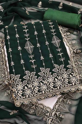 green georgette embroidered unstitched dressmaterials 3 pair top bottom dupptaa