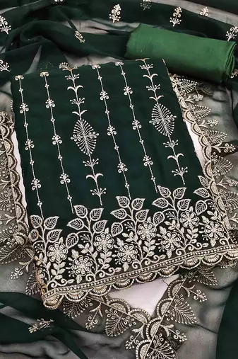 green georgette embroidered unstitched dressmaterials 3 pair top bottom dupptaa