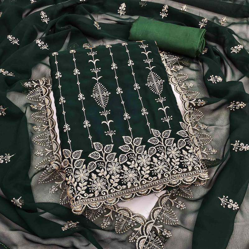 green georgette embroidered unstitched dressmaterials 3 pair top bottom dupptaa