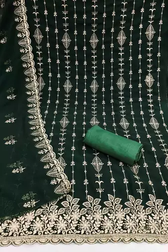 green georgette embroidered unstitched dressmaterials 3 pair top bottom dupptaa