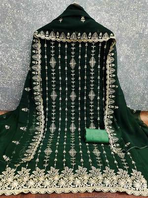 green georgette embroidered unstitched dressmaterials 3 pair top bottom dupptaa 3