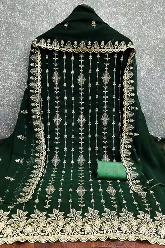 green georgette embroidered unstitched dressmaterials 3 pair top bottom dupptaa