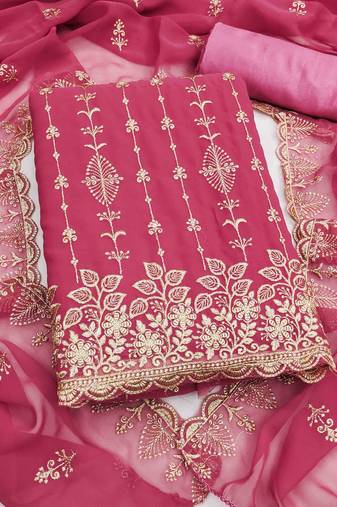 pink georgette embroidered unstitched dressmaterials 3 pair top bottom dupptaa