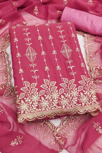 pink georgette embroidered unstitched dressmaterials 3 pair top bottom dupptaa