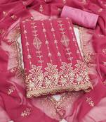 pink georgette embroidered unstitched dressmaterials 3 pair top bottom dupptaa